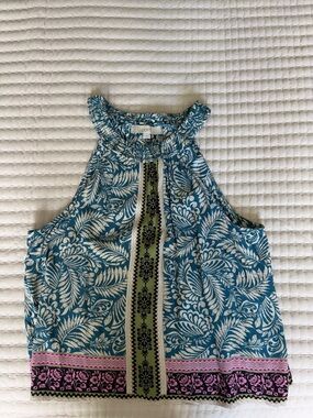 LOFT Teal Floral High-Neck Shell with Pink Border